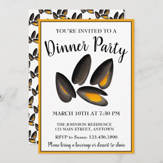 ニューイングランドのムール貝ビーチシーフードディナーパーティー 招待状 (正面/裏面)