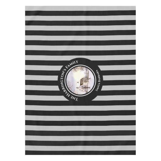 ニューイングランドの冬クリスマスブラックグレーのストライプ テーブルクロス (正面)