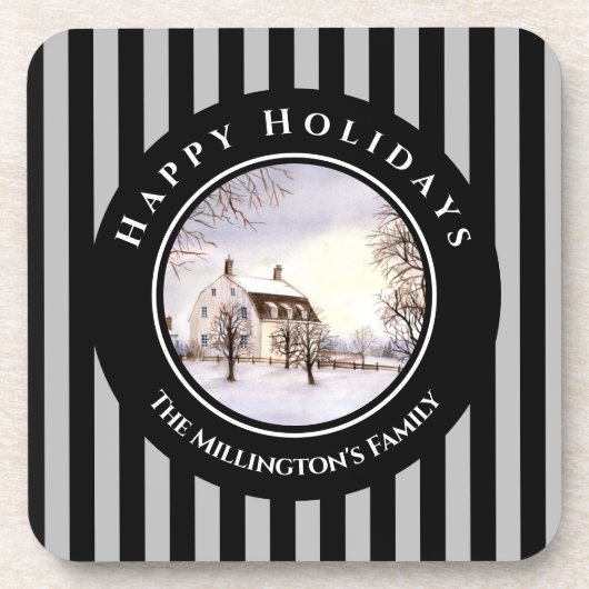 ニューイングランドの冬クリスマスブラックグレーサークル コースター (正面)