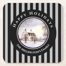ニューイングランドの冬クリスマスブラックグレーサークル スクエアペーパーコースター