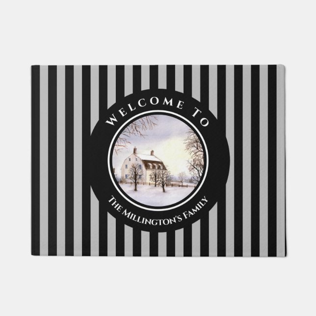 ニューイングランドの冬クリスマスブラックグレーサークル ドアマット (正面)