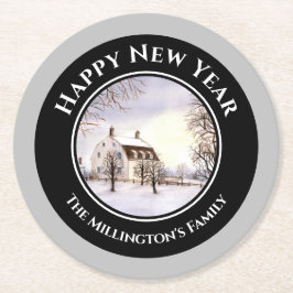 ニューイングランドの冬クリスマスブラックグレーサークル ラウンドペーパーコースター