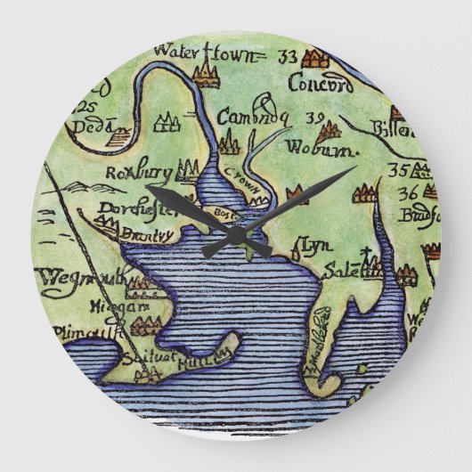 ニューイングランドの地図1677 ラージ壁時計 (正面)