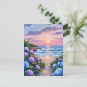 ニューイングランドの夏 | アジサイのビーチの絵画 ポストカード (スタンド正面)