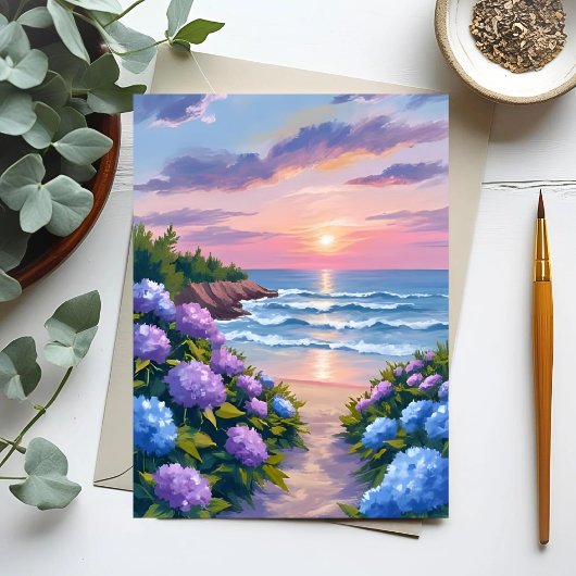 ニューイングランドの夏 | アジサイのビーチの絵画 ポストカード