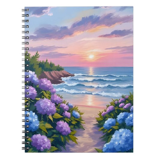 ニューイングランドの夏 | アジサイのビーチの絵 ノートブック (正面)