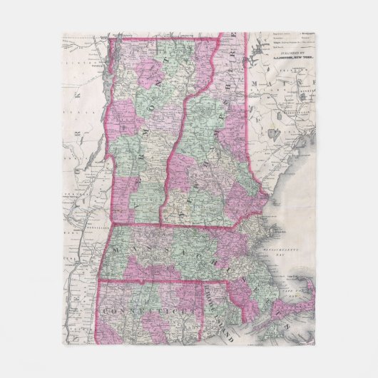 ニューイングランドの州(1864年)のヴィンテージの地図 フリースブランケット (正面)