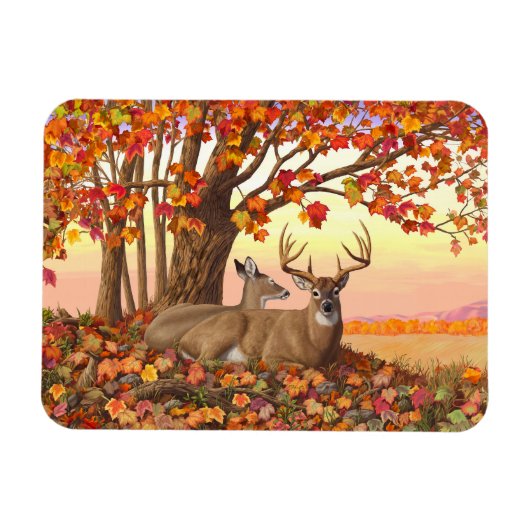 ニューイングランドの秋にホワイトテールディアー紅葉 マグネット (横)