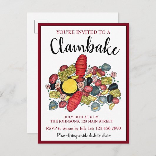 ニューイングランドロブスターボイルクランベイシーフードディナー インビテーションポストカード (正面/裏面)