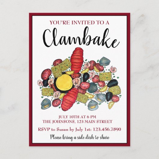 ニューイングランドロブスターボイルクランベイシーフードディナー インビテーションポストカード (正面)