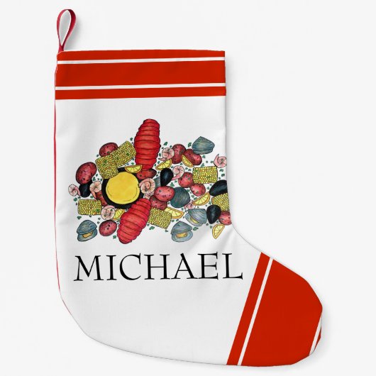 ニューイングランド夏クラムベークシーフードディナーフード スモールクリスマスストッキング (正面)