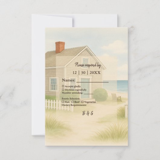 ニューイングランド沿岸のチャームソフトブルー結婚ズ 出欠カード (正面)