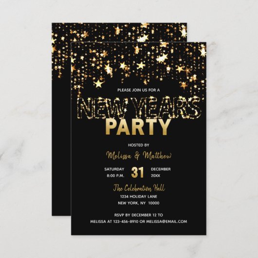 ニューイヴパーティの招待状金ゴールドスターズ 招待状 (正面/裏面)