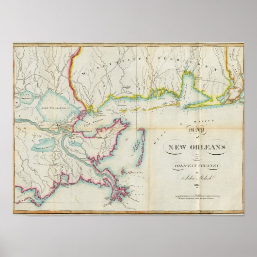 ニューオーリンズと隣接国の地図 ポスター (正面)