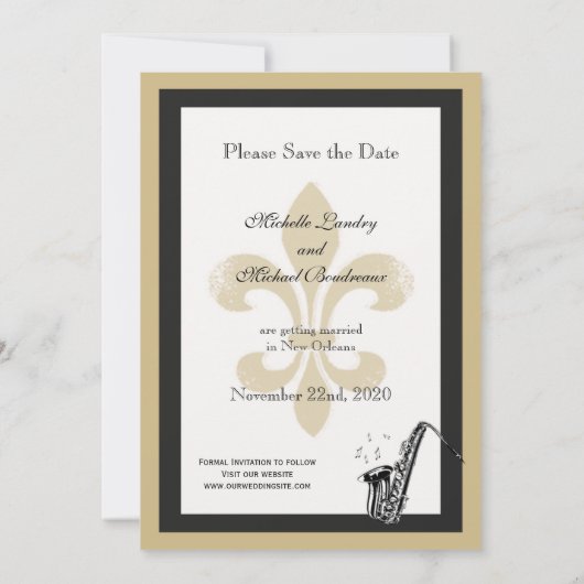 ニューオーリンズの黒と金のジャズ、保存日付のお知らせ セーブザデート (裏面)