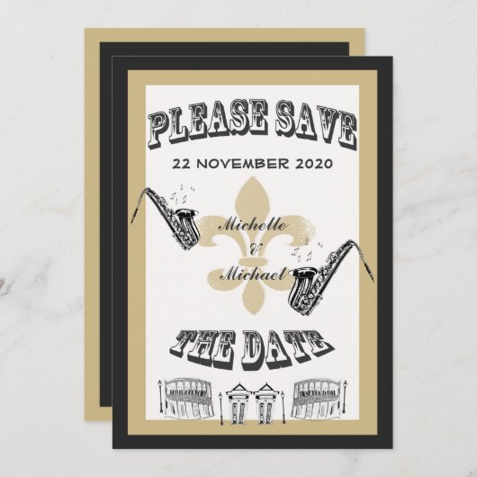 ニューオーリンズの黒と金のジャズ、保存日付のお知らせ セーブザデート (正面/裏面)