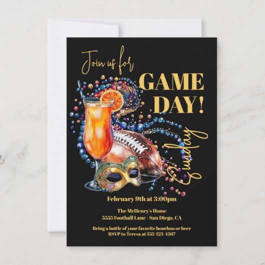 ニューオーリンズサッカーパーティーゲームデイマルディグラ 招待状 (正面)