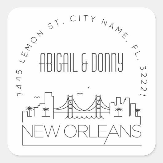 ニューオーリンズスカイライン |事前にアドレス指定された封筒用シール スクエアシール (正面)