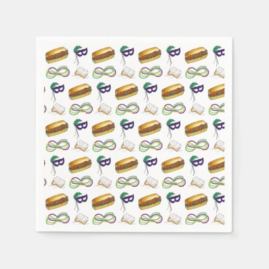 ニューオーリンズマルディグラスベイグネットビーズマスクポボーイ スタンダードカクテルナプキン (正面)