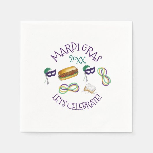 ニューオーリンズマルディグラスベイグネットビーズマスクポボーイ スタンダードカクテルナプキン (正面)