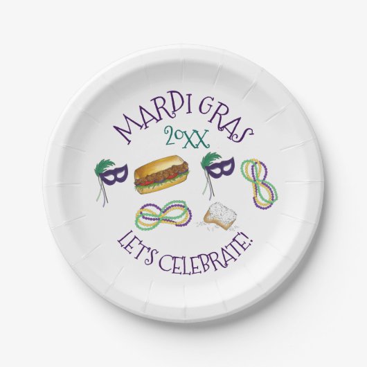 ニューオーリンズマルディグラスベイグネットビーズマスクポボーイ ペーパープレート (正面)