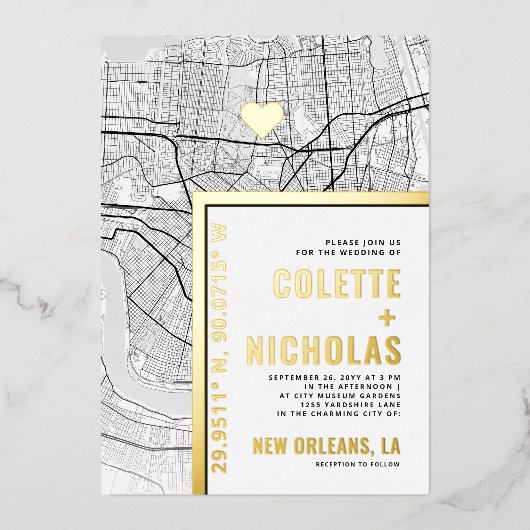 ニューオーリンズラブロケーター |シティテーマ結婚の 箔招待状 (正面)