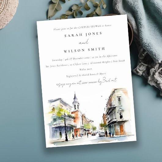 ニューオーリンズルイジアナのウォータカラーカップルのシャワー 招待状