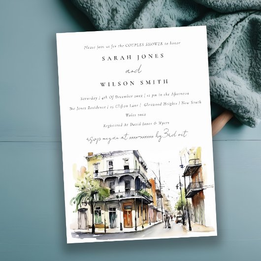 ニューオーリンズルイジアナのウォータカラーカップルのシャワー 招待状