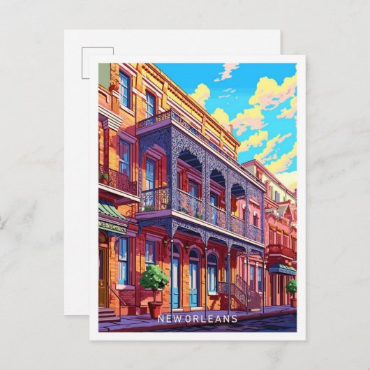 ニューオーリンズルイジアナトラベルヴィンテージイラストレーション ポストカード (正面/裏面)