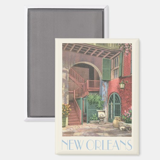 ニューオーリンズヴィンテージ中庭の階段のシーン マグネット (正面/裏面)