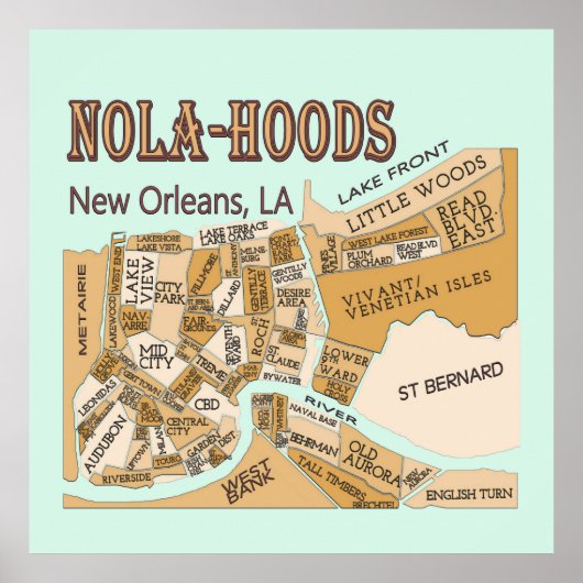 ニューオーリンズ地区の地図， NOLA_HOODS ポスター (正面)