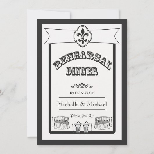 ニューオーリンズ結婚のリハーサルディナー白黒 招待状 (正面)
