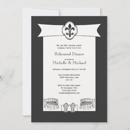 ニューオーリンズ結婚のリハーサルディナー白黒 招待状 (裏面)