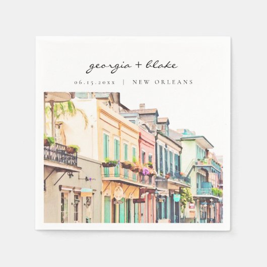 ニューオーリンズ・バーボンストリートの水彩画ウェディングナップキン スタンダードカクテルナプキン (正面)