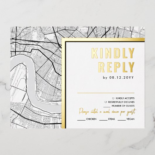 ニューオーリンズ、ルイジアナ州ラブロケータ | RSVP返信 箔招待状ポストカード (正面)