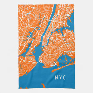 ニューカッコいいヨークの地図   NYC  ターコイズとオレンジ キッチンタオル