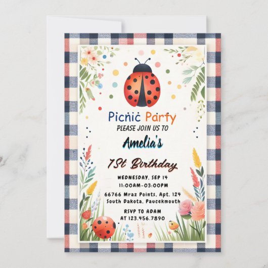ニューガールズラブバグピクニック水玉模様1st Birthday 招待状 (正面)