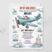 ニュークラウド9飛ぶ可愛いスカイジョイ飛行機1回目の誕生日 招待状 (正面)