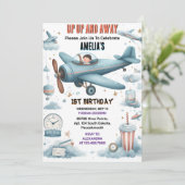 ニュークラウド9飛ぶ可愛いスカイジョイ飛行機1回目の誕生日 招待状 (スタンド正面)