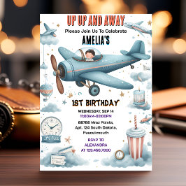 ニュークラウド9飛ぶ可愛いスカイジョイ飛行機1回目の誕生日 招待状