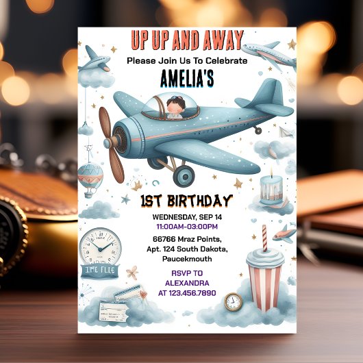 ニュークラウド9飛ぶ可愛いスカイジョイ飛行機1回目の誕生日 招待状