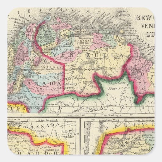 ニューグラナダ、ベネズエラ、ガイアナの地図 スクエアシール (正面)