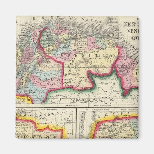 ニューグラナダ、ベネズエラ、ガイアナの地図 マグネット (正面)