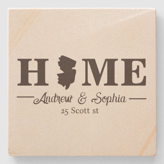 ニュージャージーマップ引っ越し祝いパーティーカップル名グレー文字 ストーンコースター (正面)