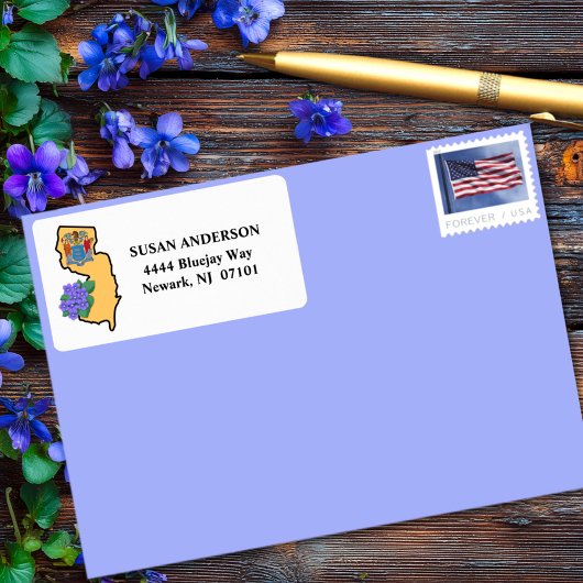 ニュージャージー州旗とフラワーブルーバイオレットの州 ラベル