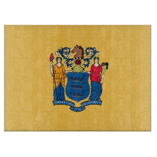 ニュージャージー州旗を持つガラス製板 カッティングボード (正面)