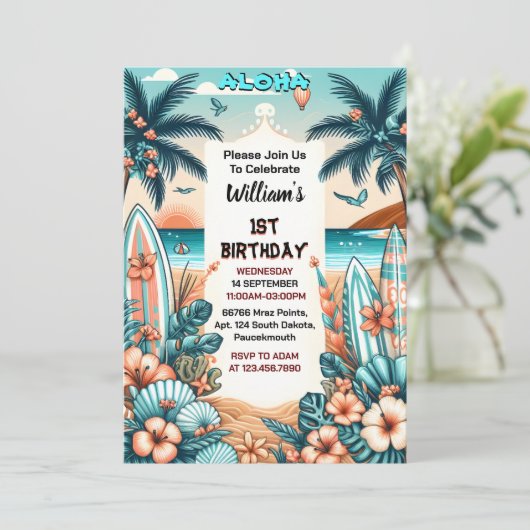 ニュージョイフラルアウ(ハワイ式宴会)サーフアロハハワイの1歳の誕生日 招待状 (スタンド正面)