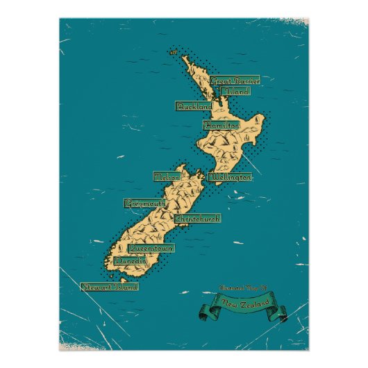 ニュージーランドのイラスト入りの地図 ポスター (正面)