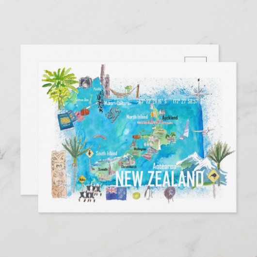 ニュージーランドのイラスト入り旅行地図 ポストカード (正面/裏面)