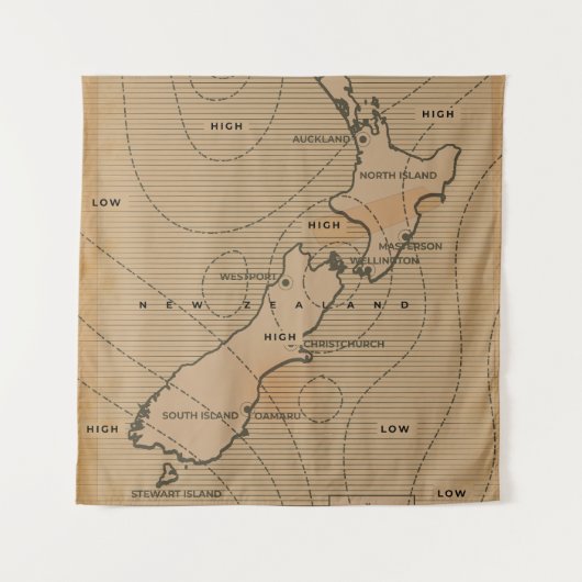 ニュージーランドのヴィンテージ天気図 タペストリー (正面)